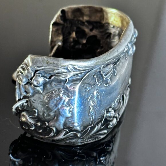 Antique Sterling Silver Cuff Bracelet Floral Art Nouveau Lady Face Victorian 925 - Picture 5 of 8